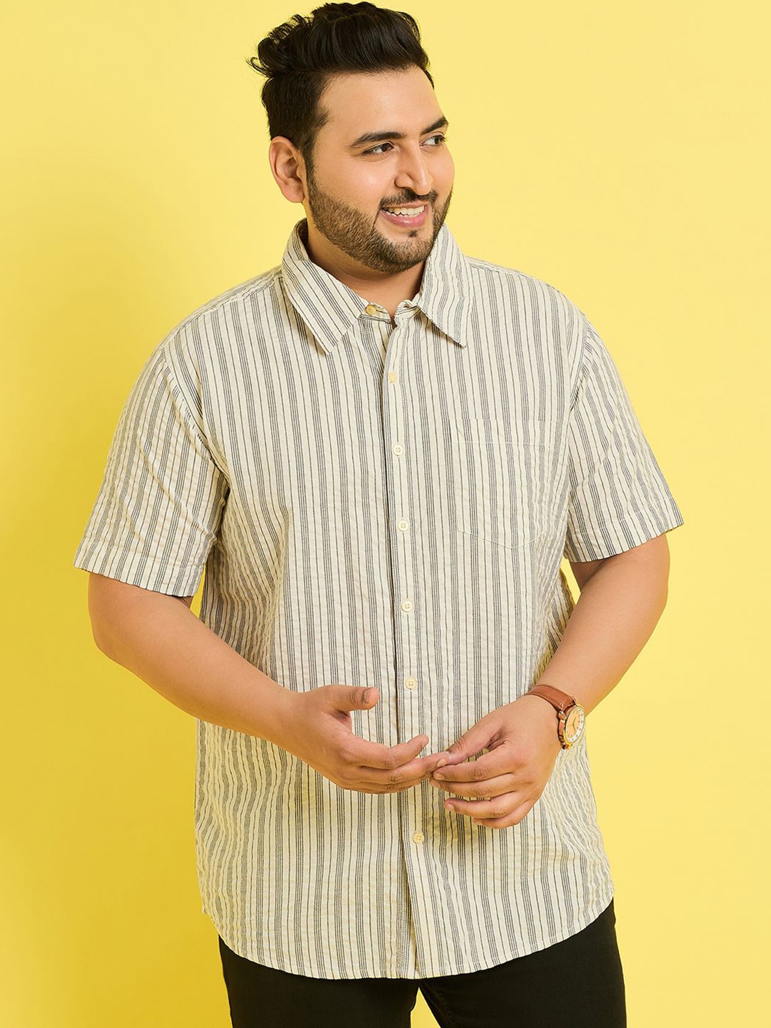 

bigbanana Plus Size Vertical Stripes Seersucker Pure Cotton Casual Shirt, White