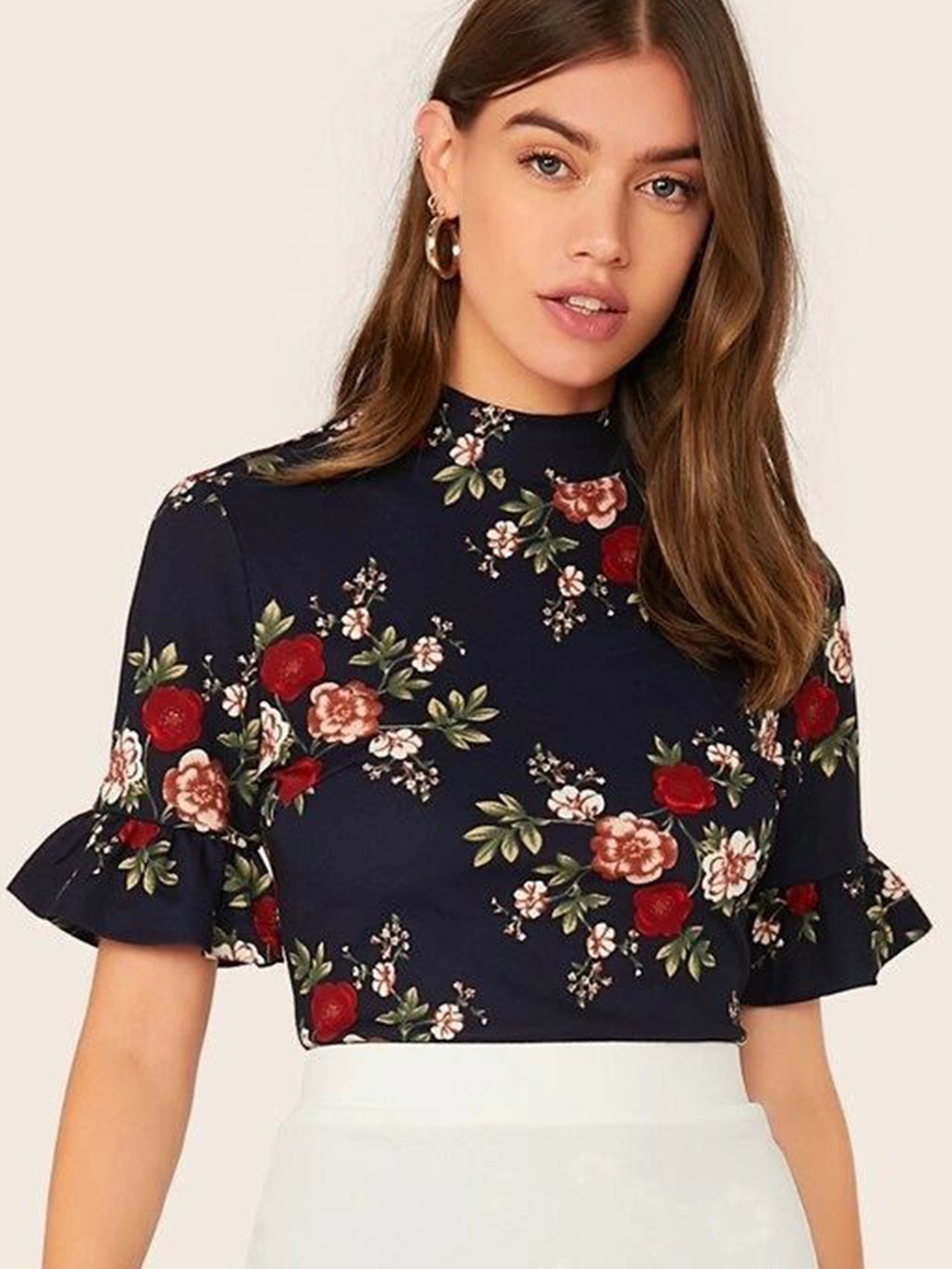 

Stylecast X Slyck Floral Print Bell Sleeve Ruffles Top, Navy blue