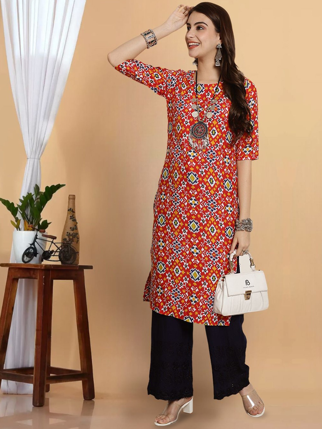 

7Threads Women Geometric Printed Thread Work Floral Crepe Kurta, Multi