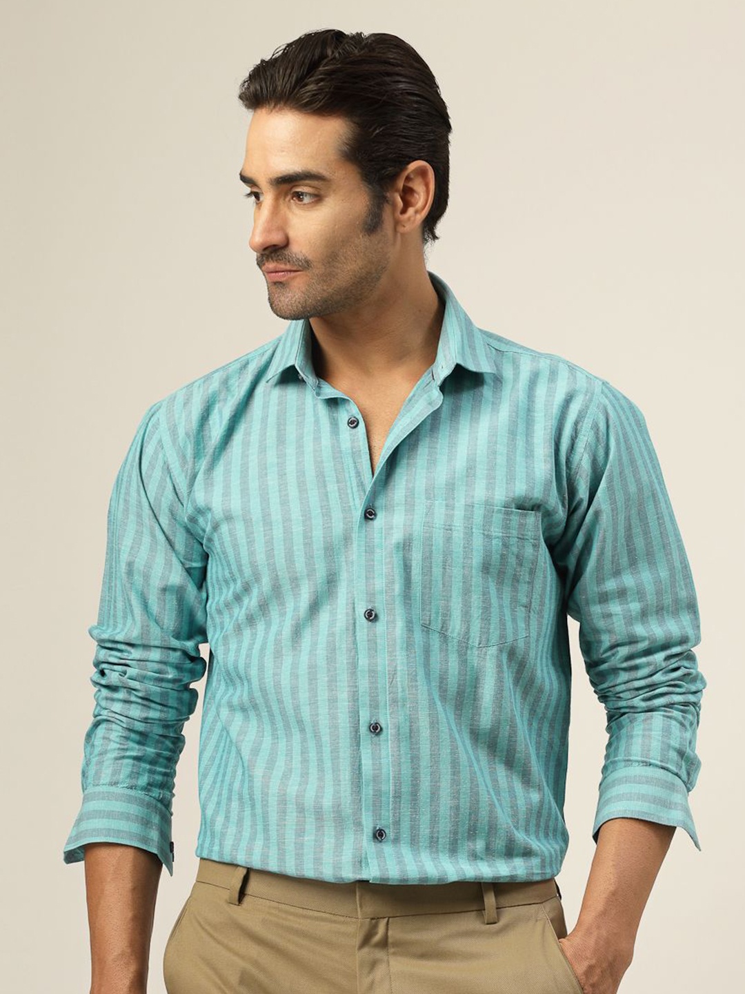 

JADEBERRY Men Classic Slim Fit Opaque Striped Casual Shirt, Green