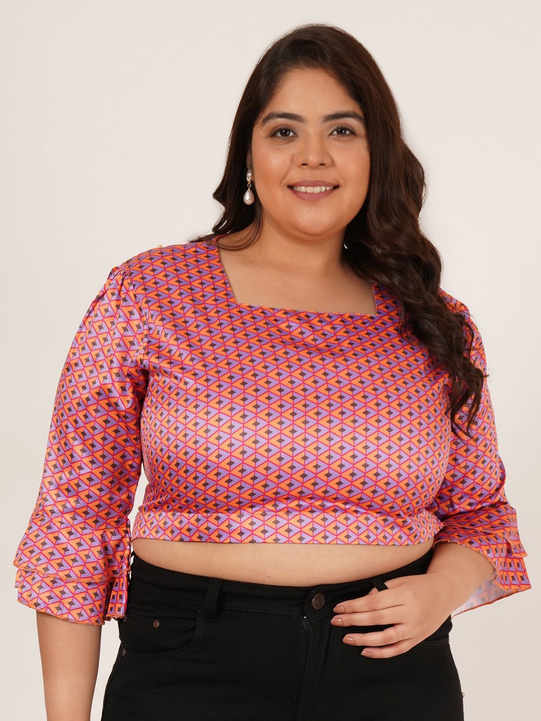

Flambeur Print Bell Sleeve Satin Crop Top, Multi