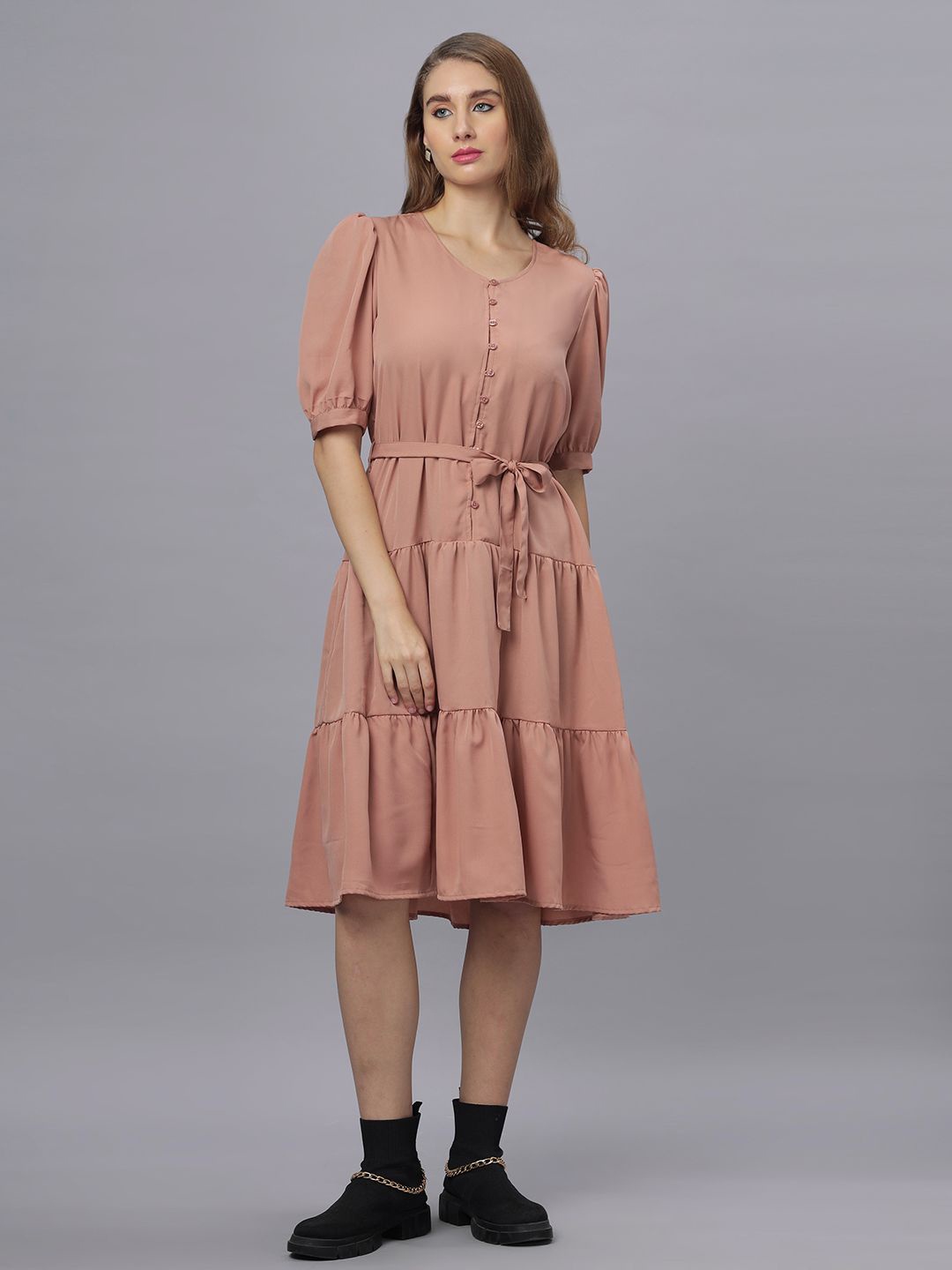 

The Roadster Lifestyle Co Puff Sleeve Tiered Fit & Flare Dress, Peach