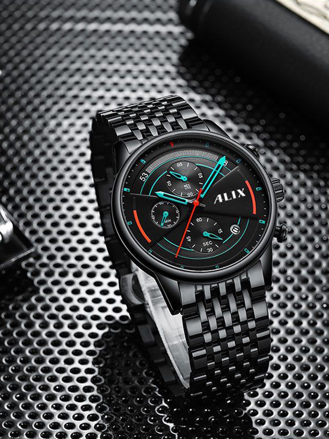 

ALIX Men Embellished Dial & Stainless Steel Bracelet Style Straps Analogue Chronograph Watch AL3013 BB, Black