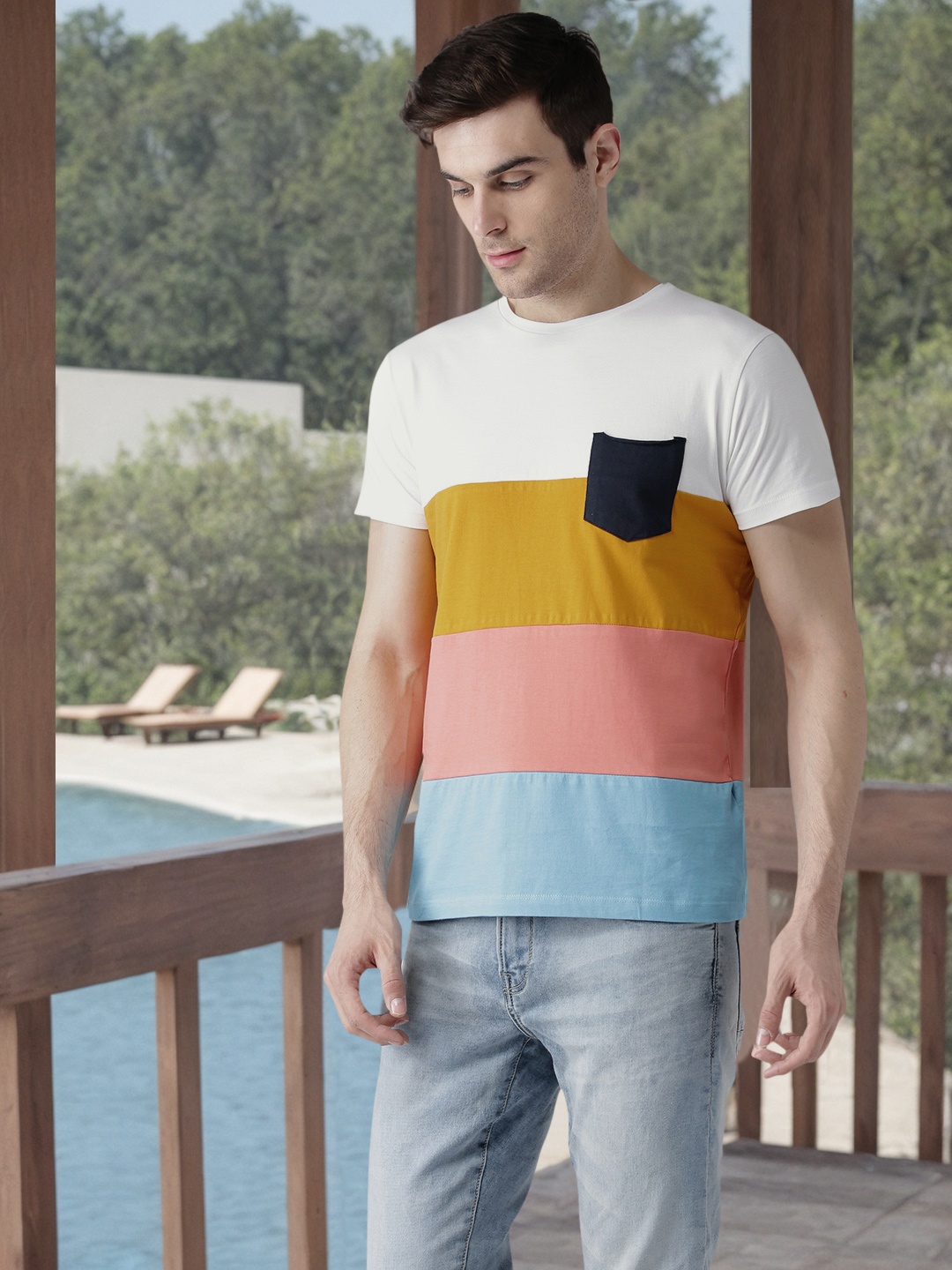 

Mast & Harbour Men Multicoloured Colourblocked Round Neck T-shirt, Multi