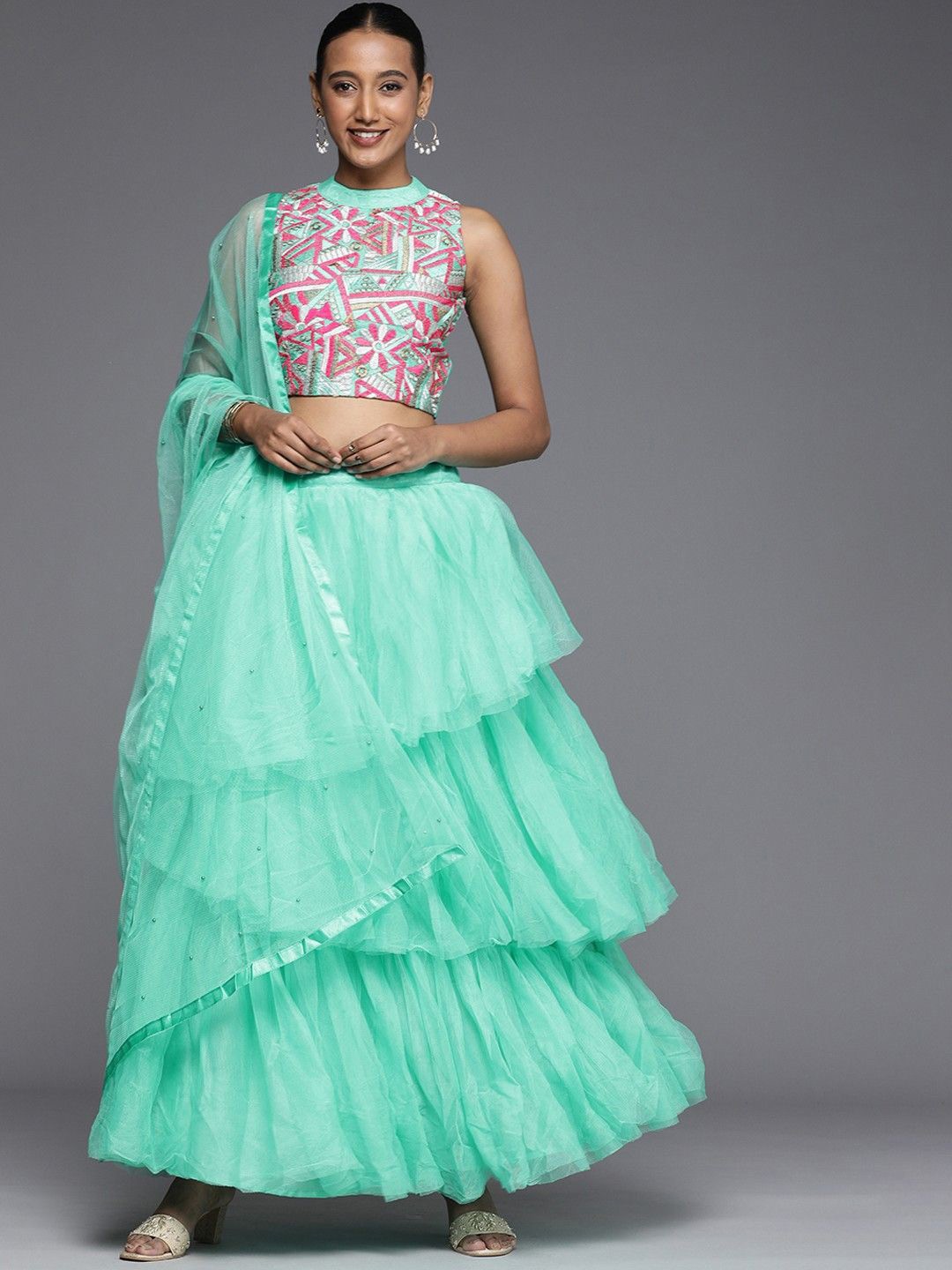 

Fabcartz Embroidered Thread Work Semi-Stitched Lehenga & Unstitched Blouse With Dupatta, Sea green