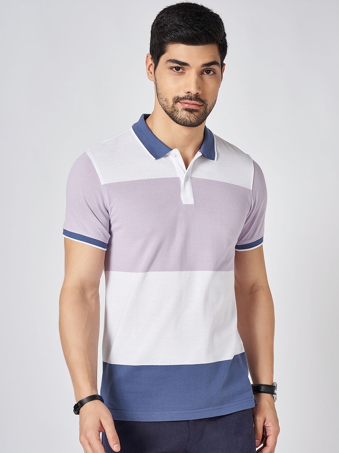 

BYFORD by Pantaloons Men Striped Polo Collar Cotton Slim Fit T-Shirt, Lavender