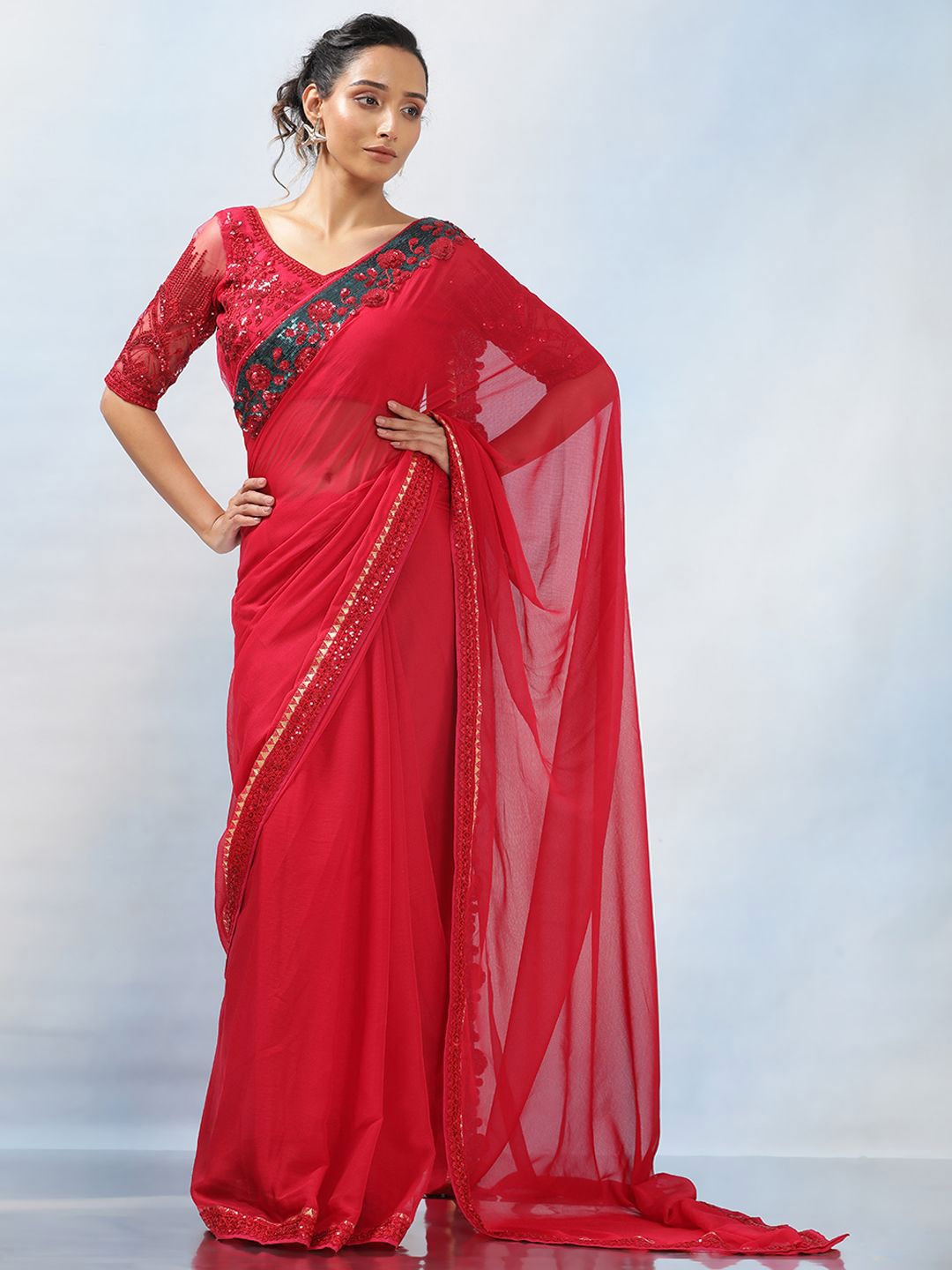 

MAHALASA Embroidered Sequinned Saree, Red