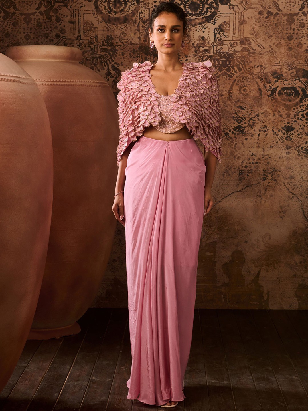 

Masumi Mewawalla Embroidered Jacket & Top With Drape Skirt Co-Ords, Pink