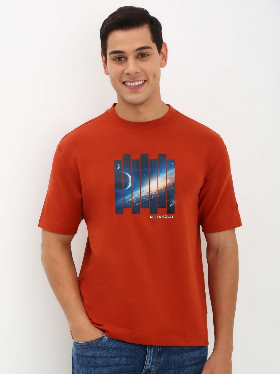 

Allen Solly Men Graphic Printed Round Neck Cotton Oversized T-Shirt, Red