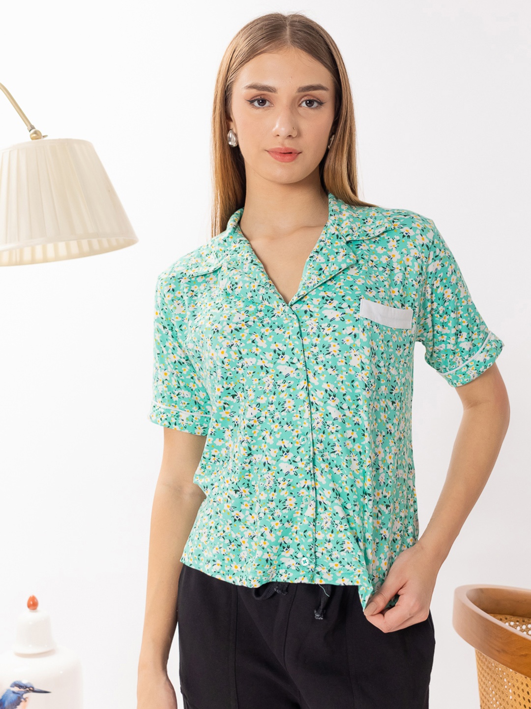 

ELEVENS HEAVEN Floral Printed Lounge Shirt, Green