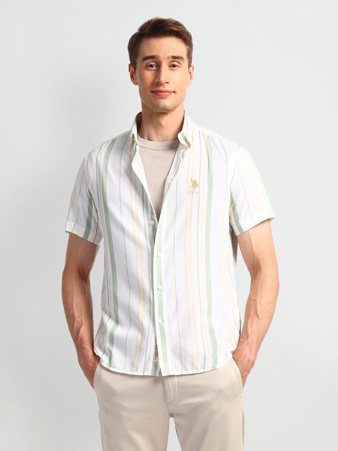 

U.S. Polo Assn. Denim Co. Men Classic Slim Fit Opaque Striped Casual Shirt, White