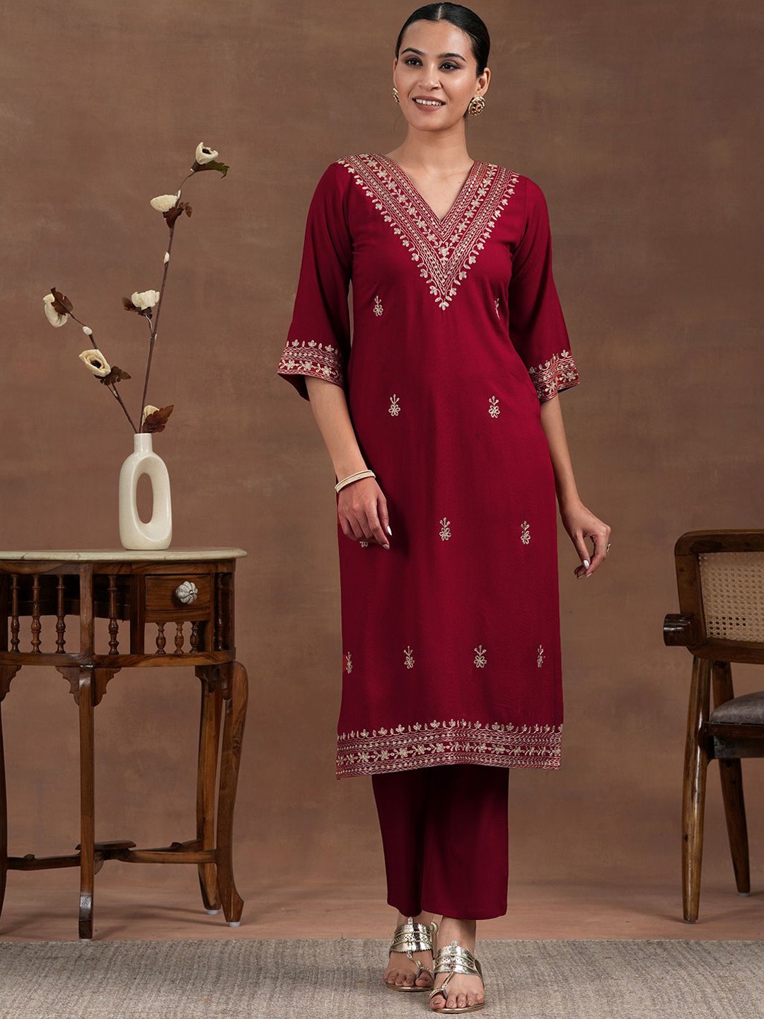 

Libas Red Embroidered Kurta with Palazzos