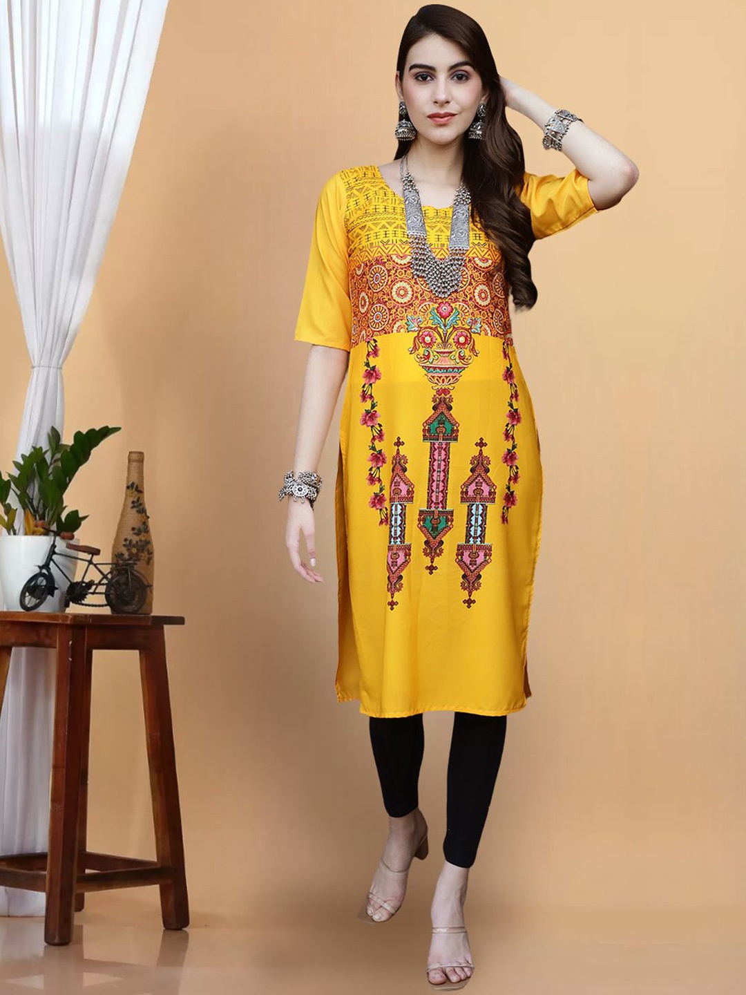 

7Threads Women Ethnic Motifs Printed Mirror Work Floral Crepe Kurta, Multi