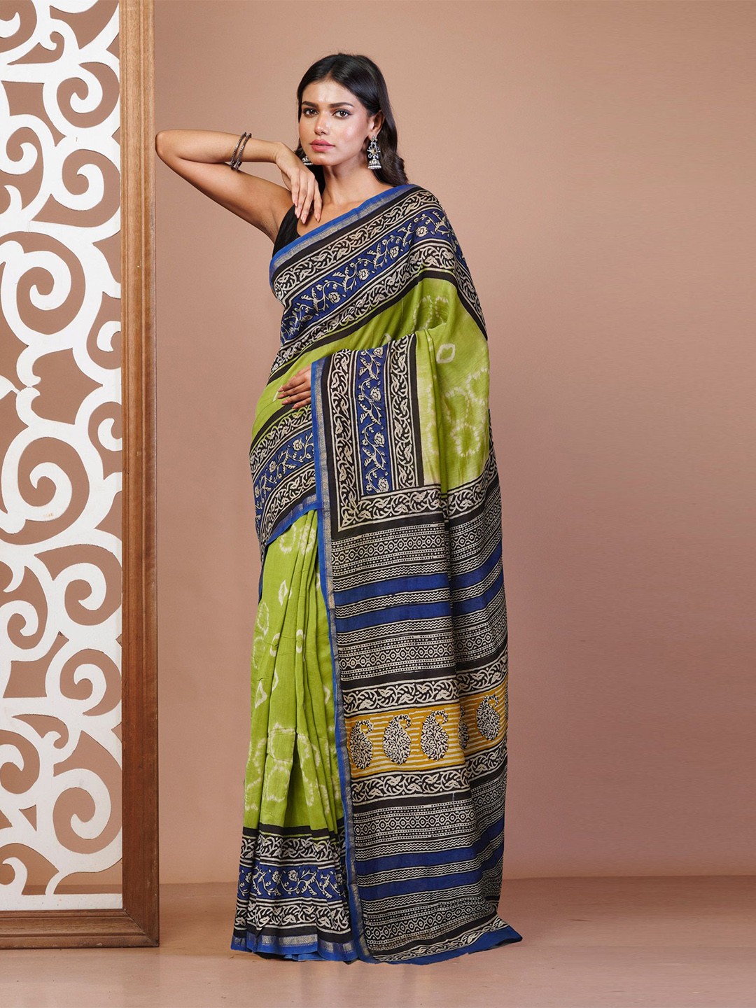 

Unnati Silks Zari Silk Cotton Handloom Chanderi Saree, Green