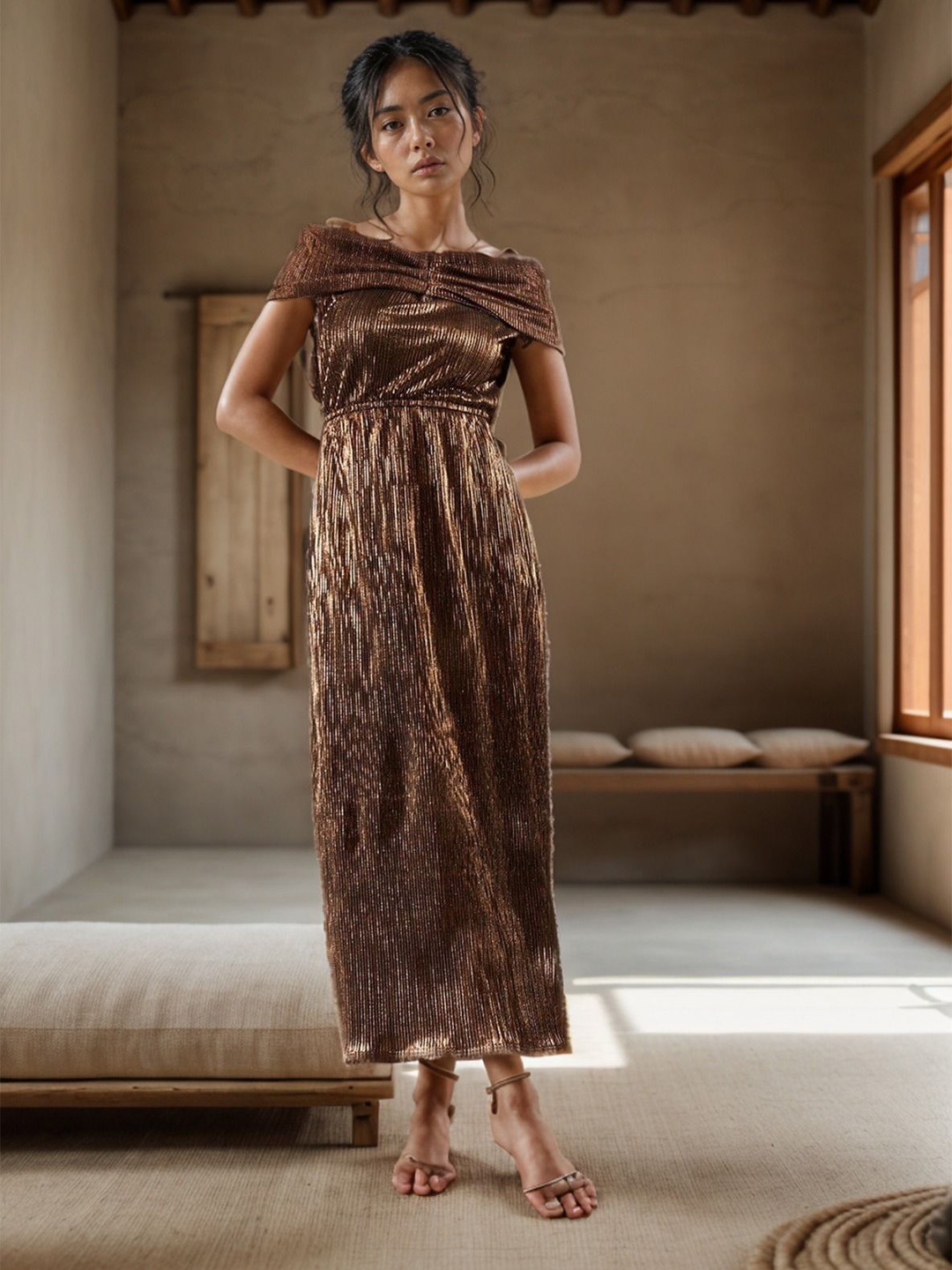 

Molly & Michel Women Off-Shoulder Fit and Flare Maxi Dress, Gold
