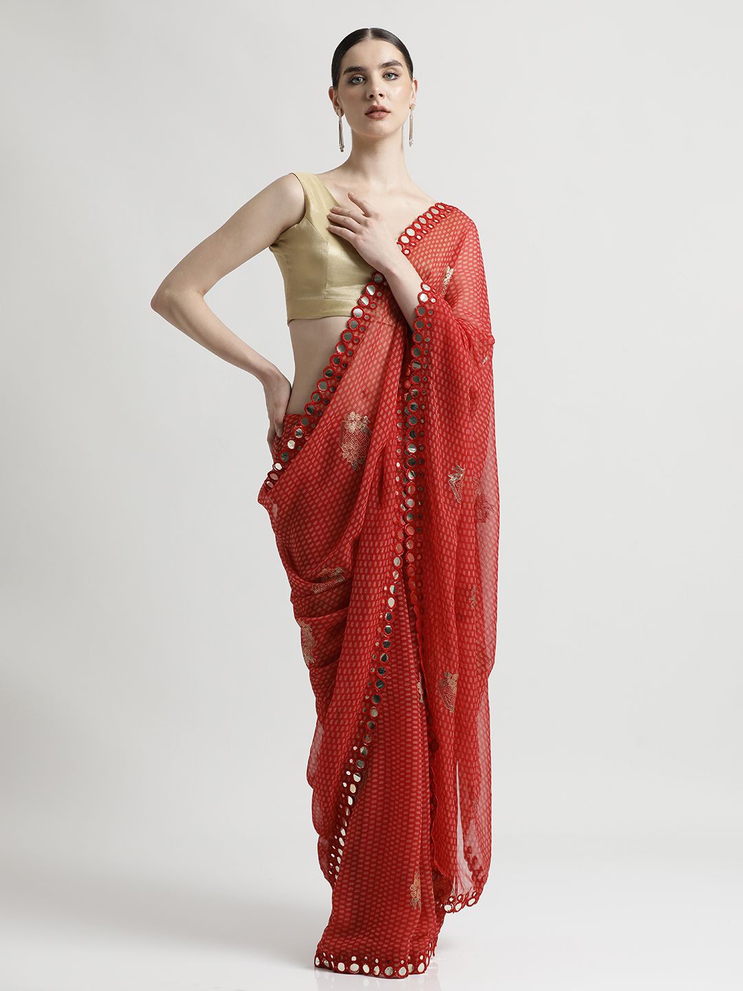 

Jaipur Kurti Mirror Work Geometric Printed Pure Georgette Saree, Red