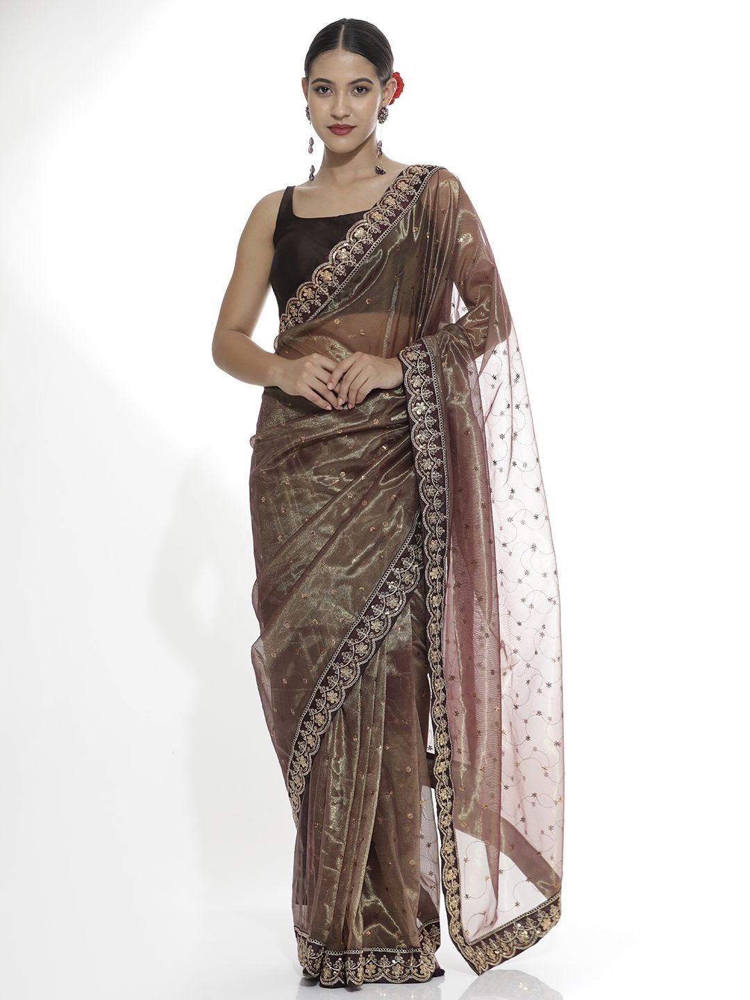 

Jaipur Kurti Embellished Sequinned Net Saree, Brown