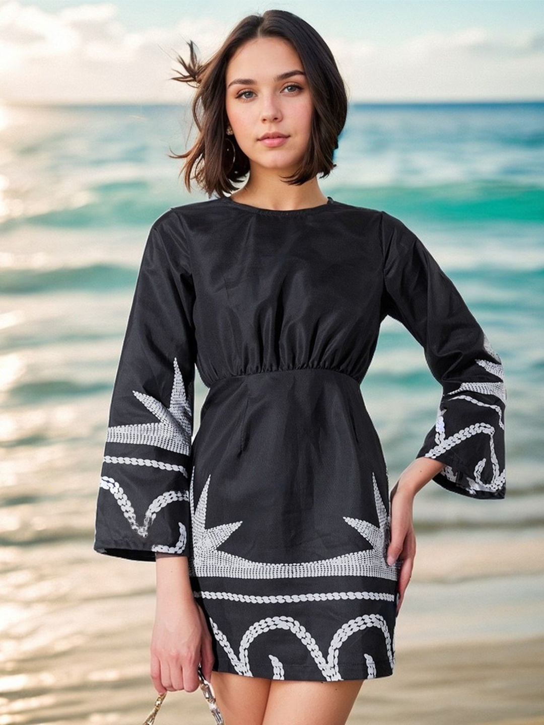 

HERSHEINBOX Printed Flared Sleeve Sheath Mini Dress, Multi
