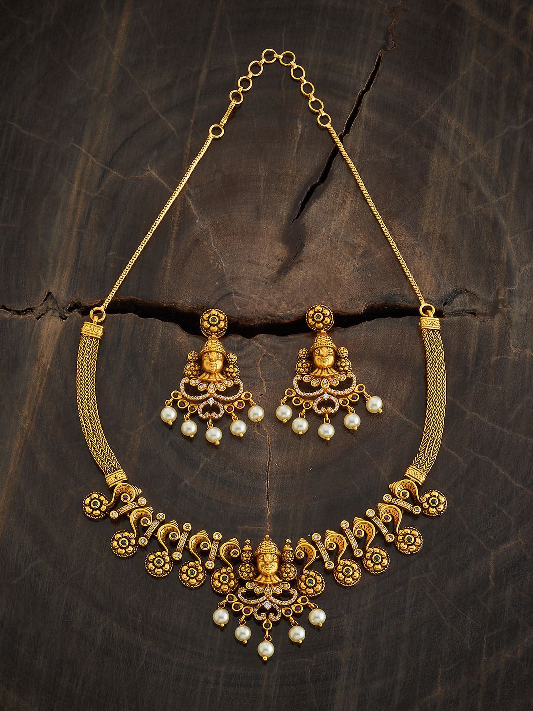 

Kushal's Fashion Jewellery Gold Plated Cubic Zirconia Studded Antique Jewellery Set