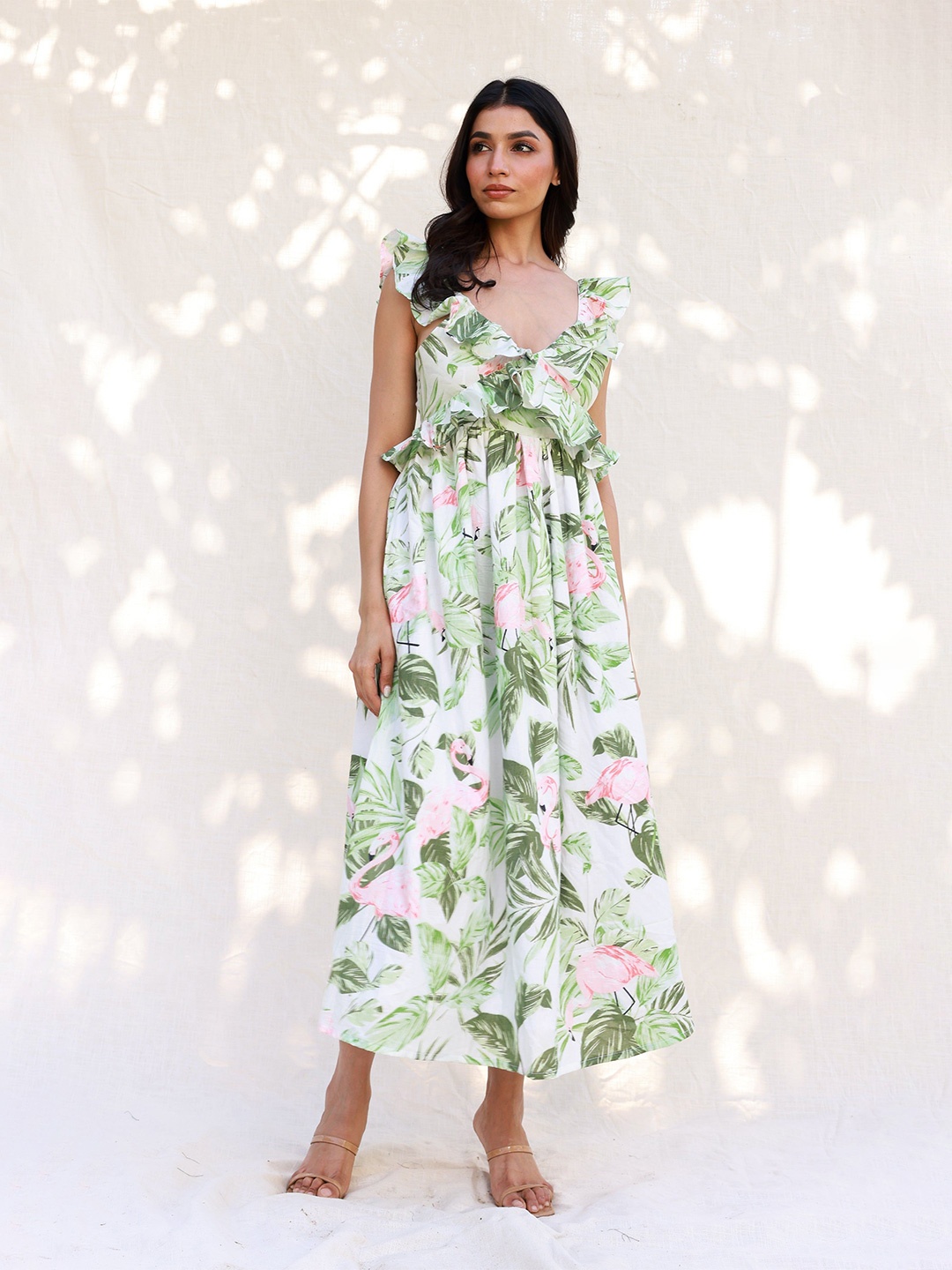 

MOONSTRUCK Women Tropical Printed Cotton Fit & Flare Maxi Dress, Green