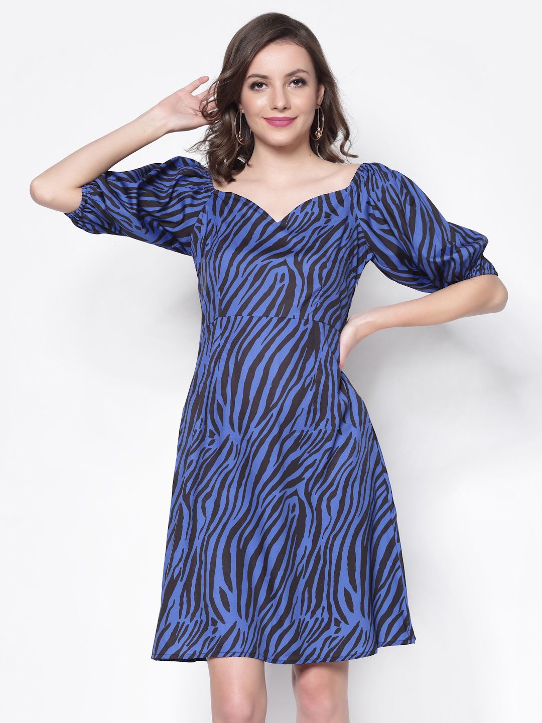 

Sera Printed Puff Sleeve Crepe Fit & Flare Dress, Blue