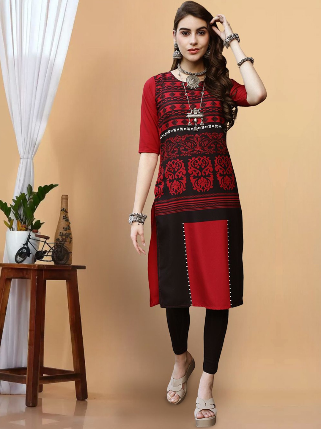 

7Threads Women Embroidered Cold-Shoulder Sleeves Floral Crepe Pathani Kurta, Multi