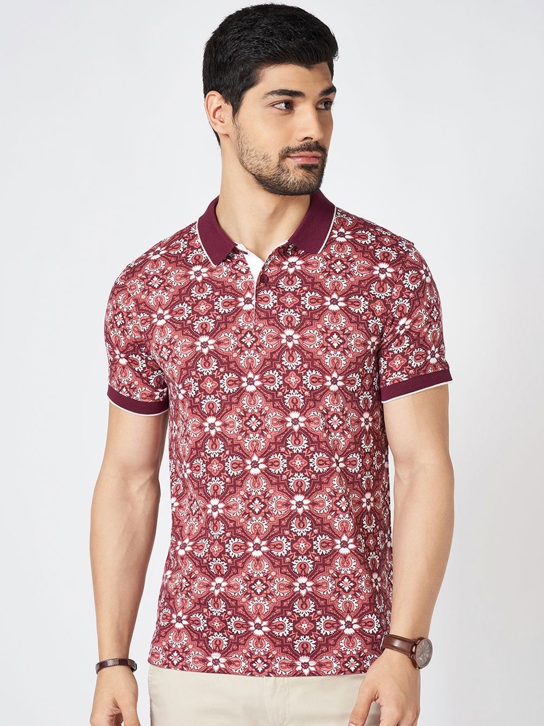 

BYFORD by Pantaloons Men Abstract Printed Polo Collar Cotton Slim Fit T-Shirt, Maroon