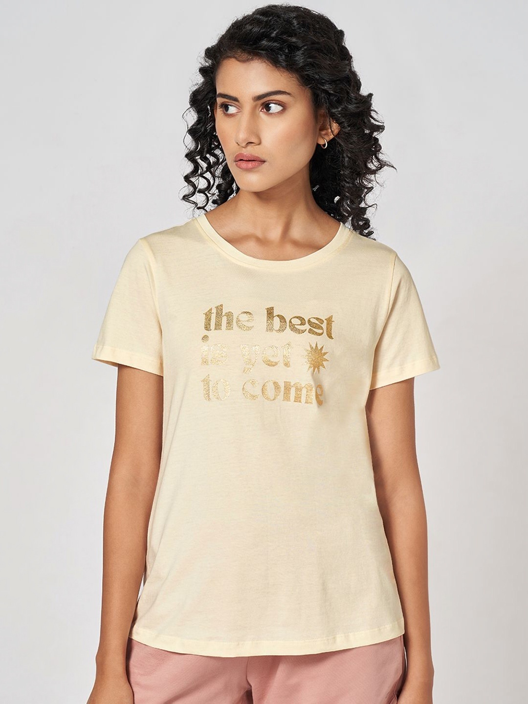 

Ajile by Pantaloons Women Typography Printed Round Neck Cotton T-Shirt, Cream