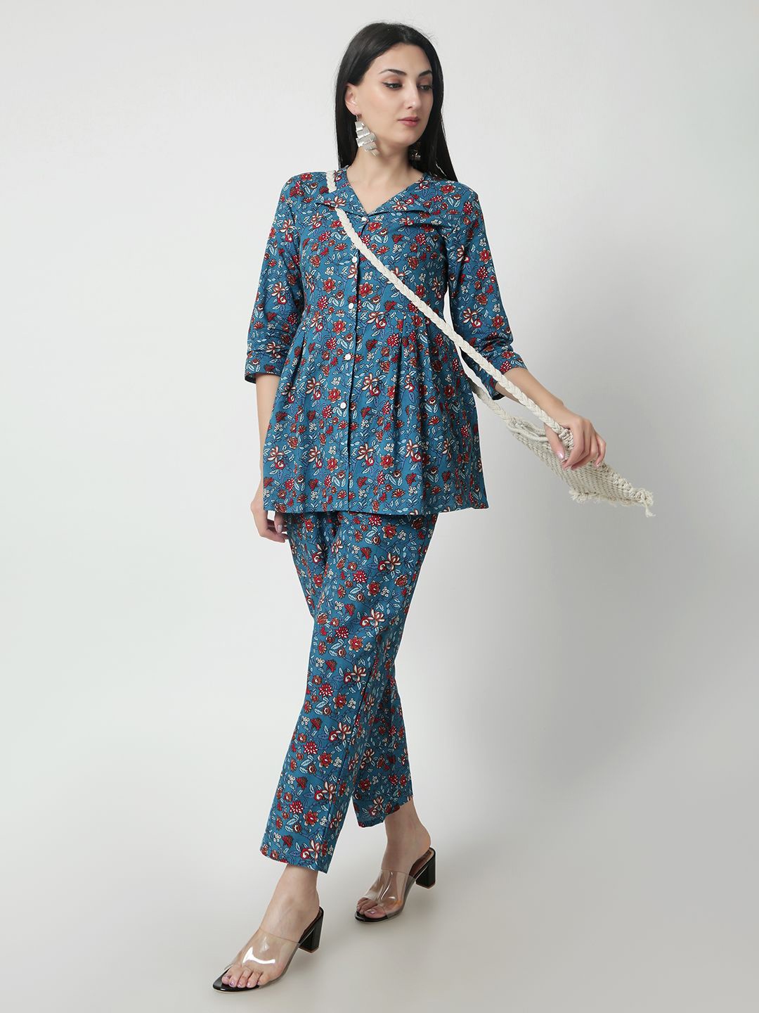 

JANAKDULARI CREATION Printed Pure Cotton Top With Trousers, Blue