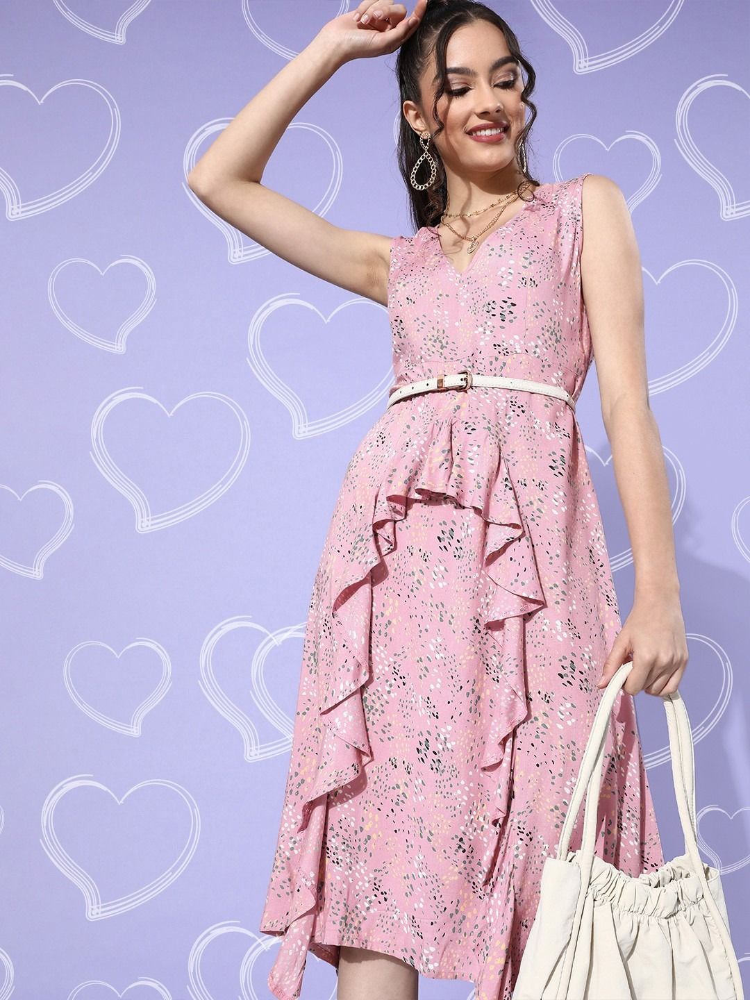 

Sera Printed Sleeveless Ruffled A-Line Midi Dress, Pink
