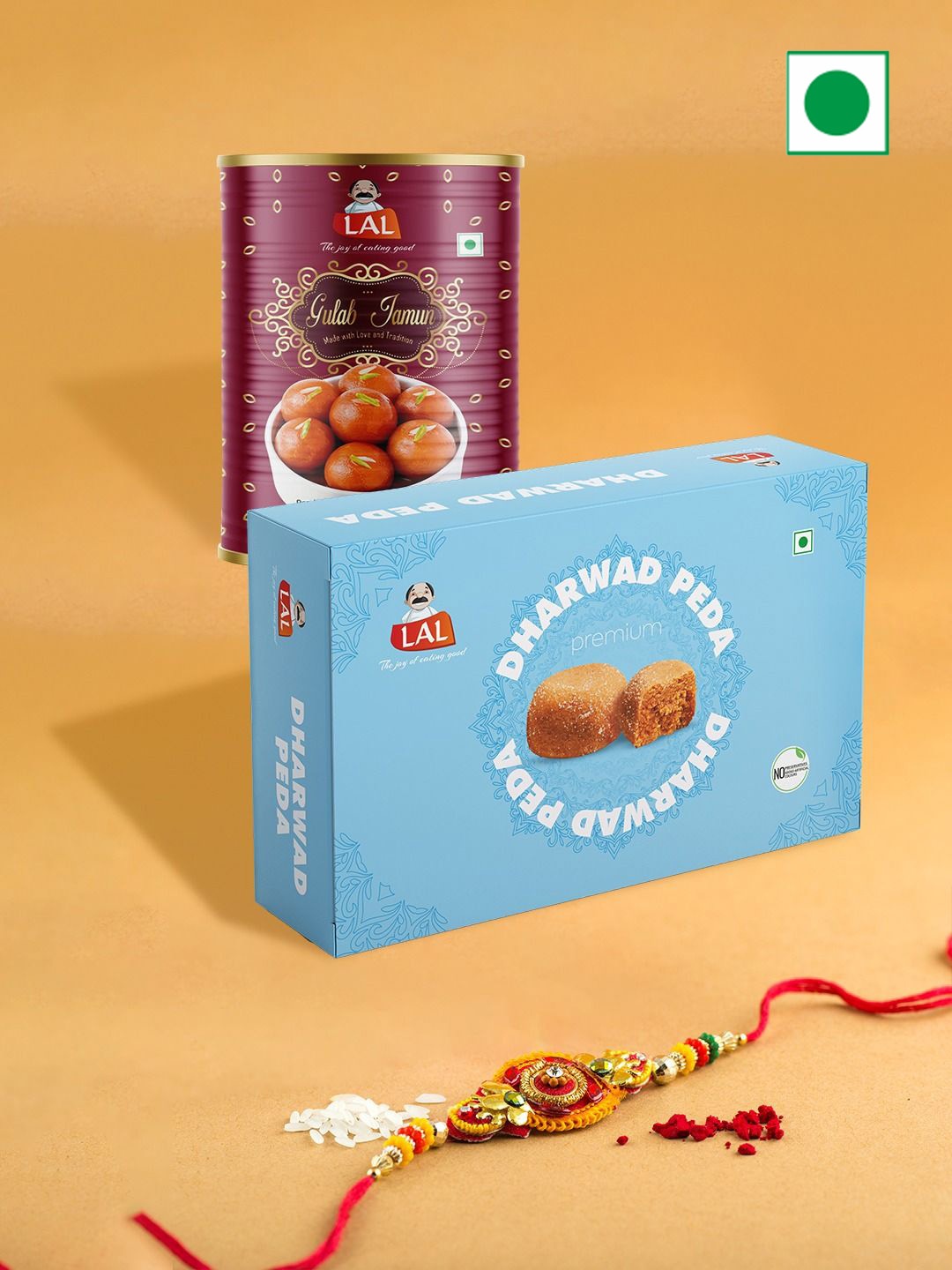 

LAL Rakhi With Gulab Jamun-1 Kg & Dharwad Peda- 400gm, Red