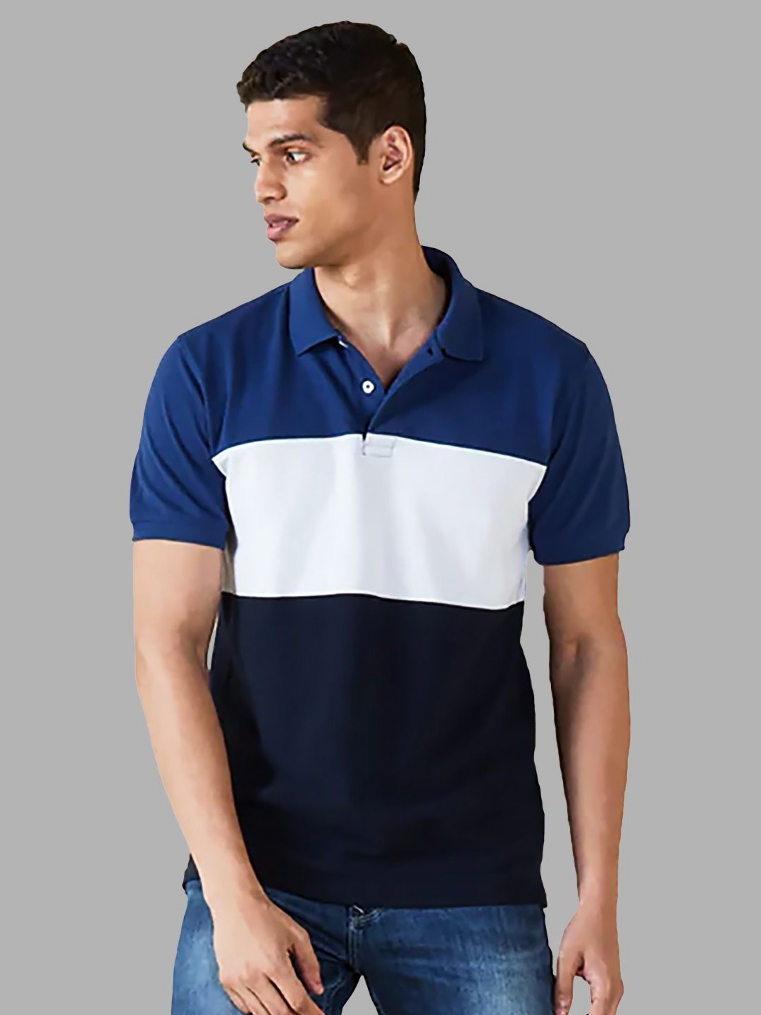 

Leotude Men Colourblocked Polo Collar Cotton T-Shirt, Blue
