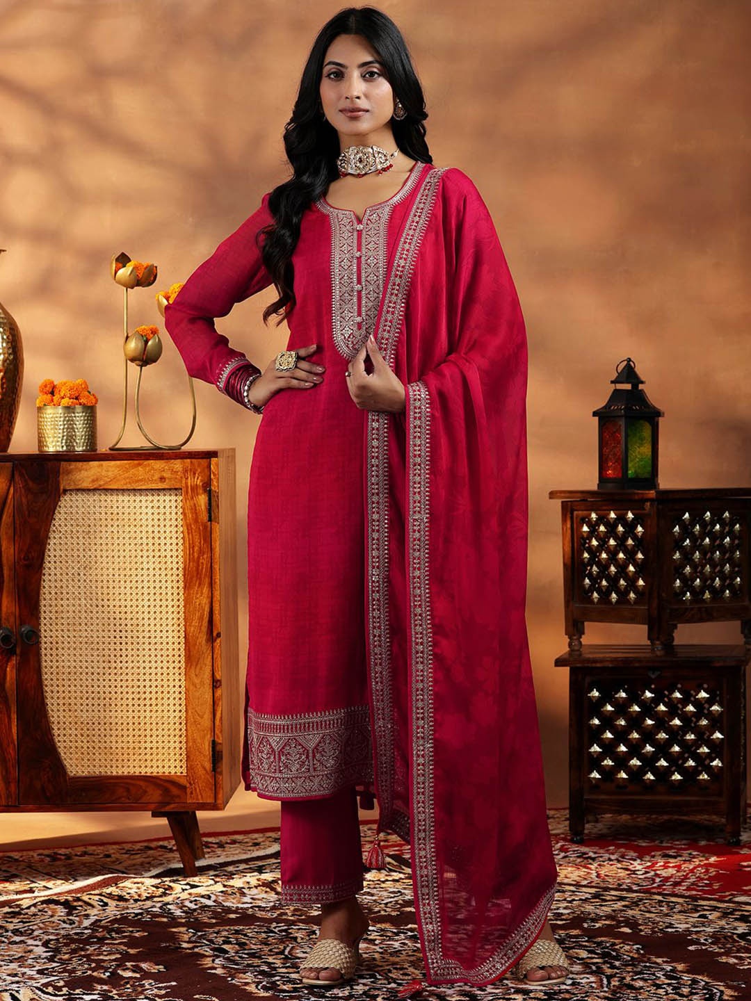 

Libas Floral Yoke Design Kurta with Palazzos & Dupatta, Red