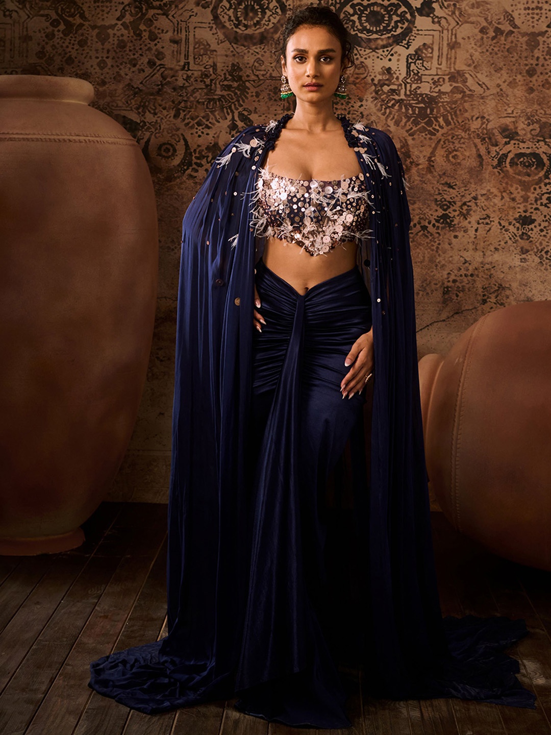 

Masumi Mewawalla Embroidered Top With Skirt & Cape, Navy blue