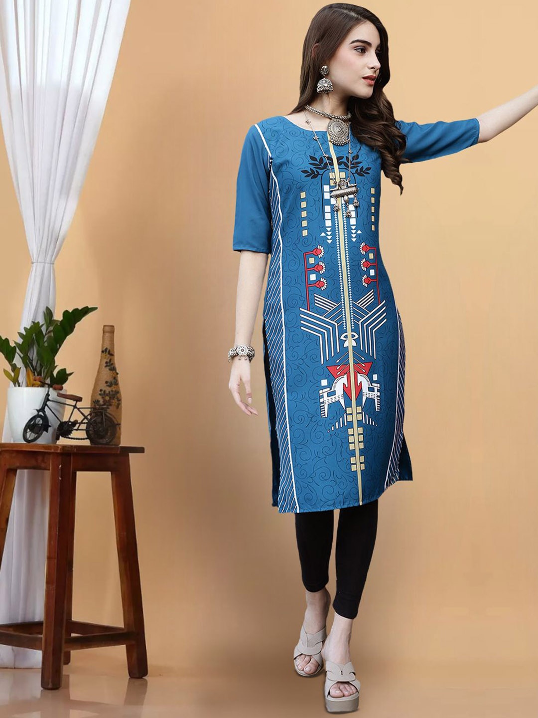 

7Threads Women Geometric Striped Floral Crepe Anarkali Kurta, Multi