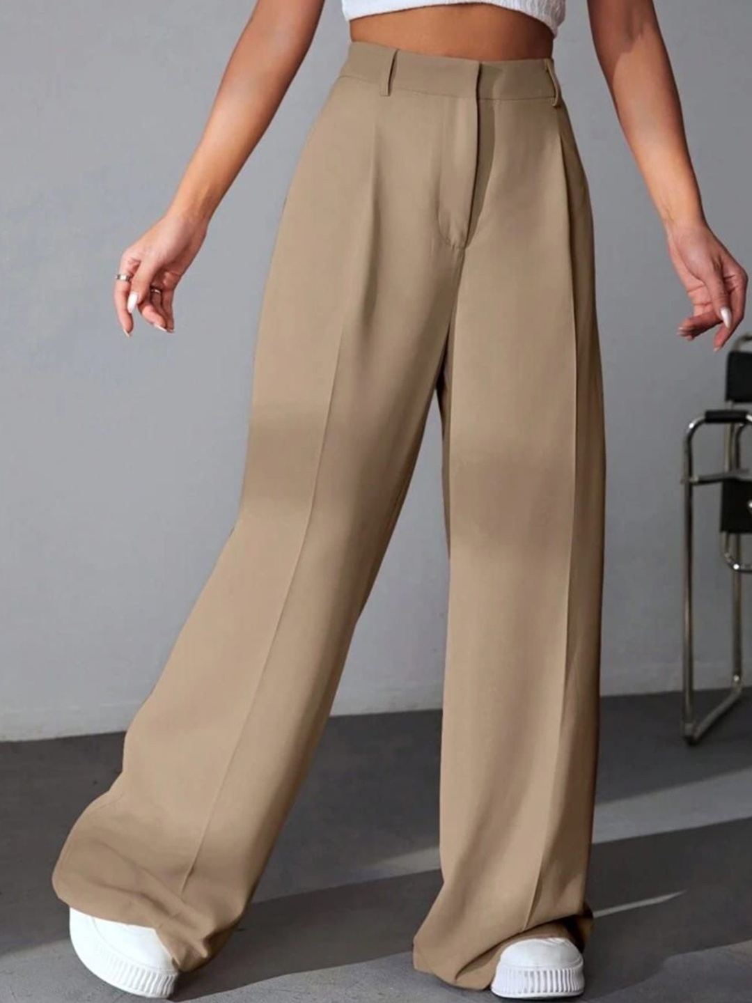 

Next One Women High-Rise Stretchable Loose Fit Korean Trousers, Beige