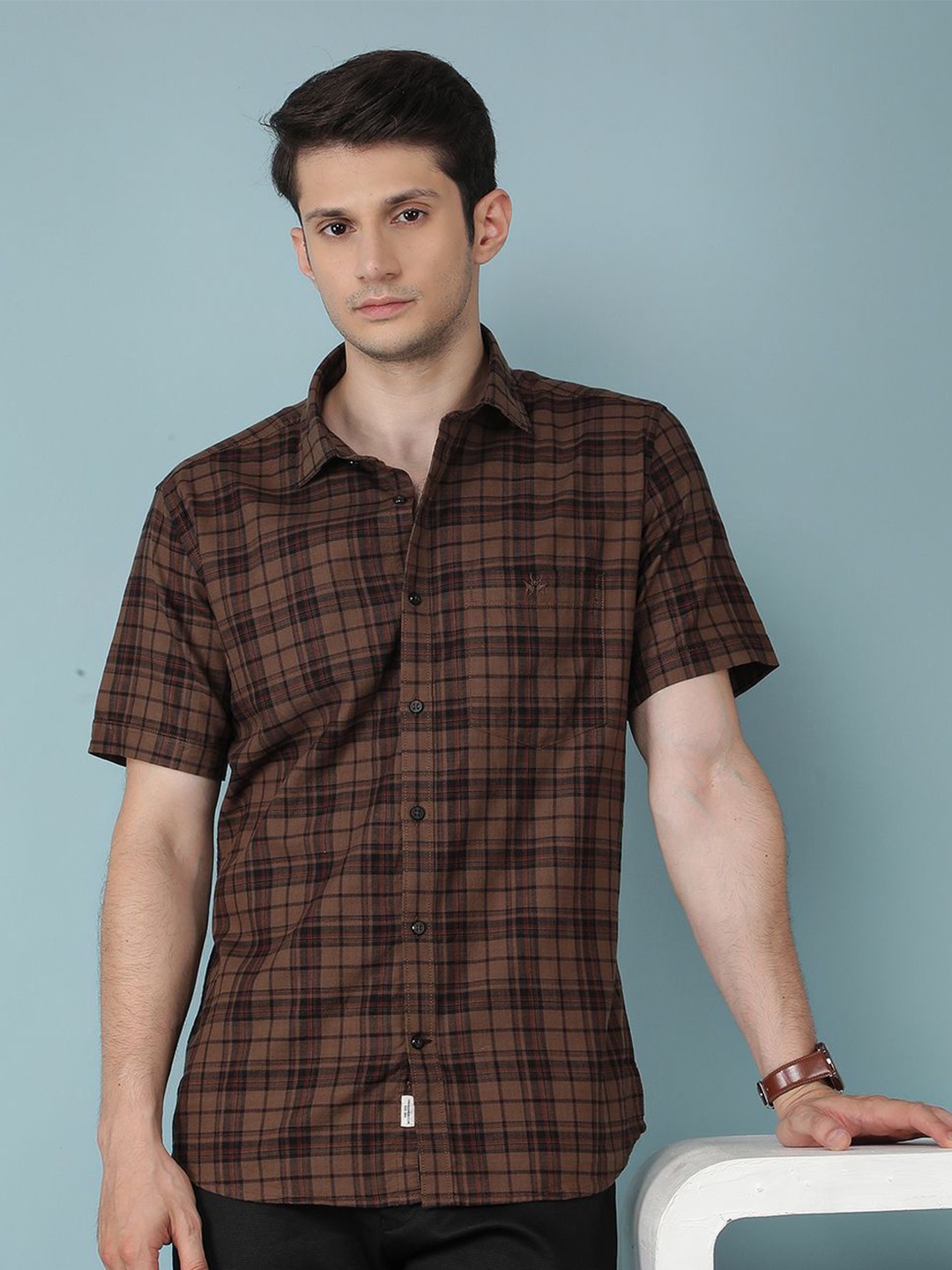 

Crimsoune Club Men Classic Slim Fit Tartan Checks Opaque Checked Casual Shirt, Brown