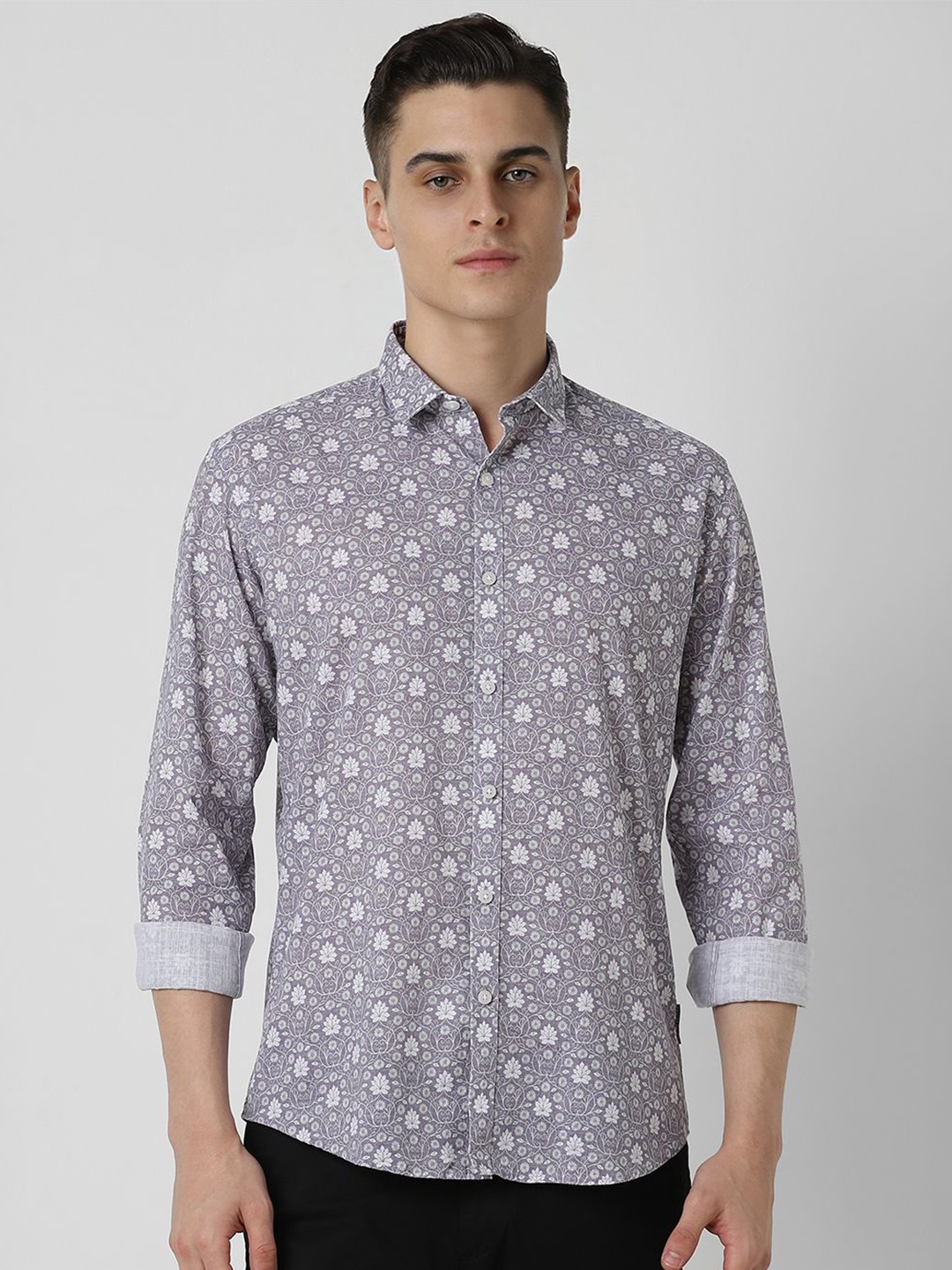 

V Dot Men Slim Fit Opaque Printed Casual Shirt, Grey