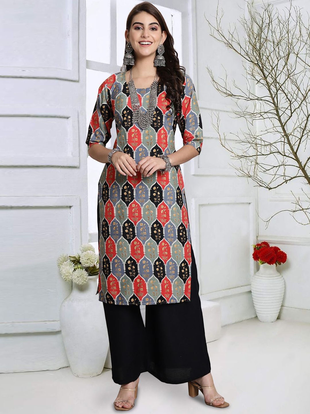 

7Threads Women Geometric Mirror Work Floral Crepe Kurta, Multi