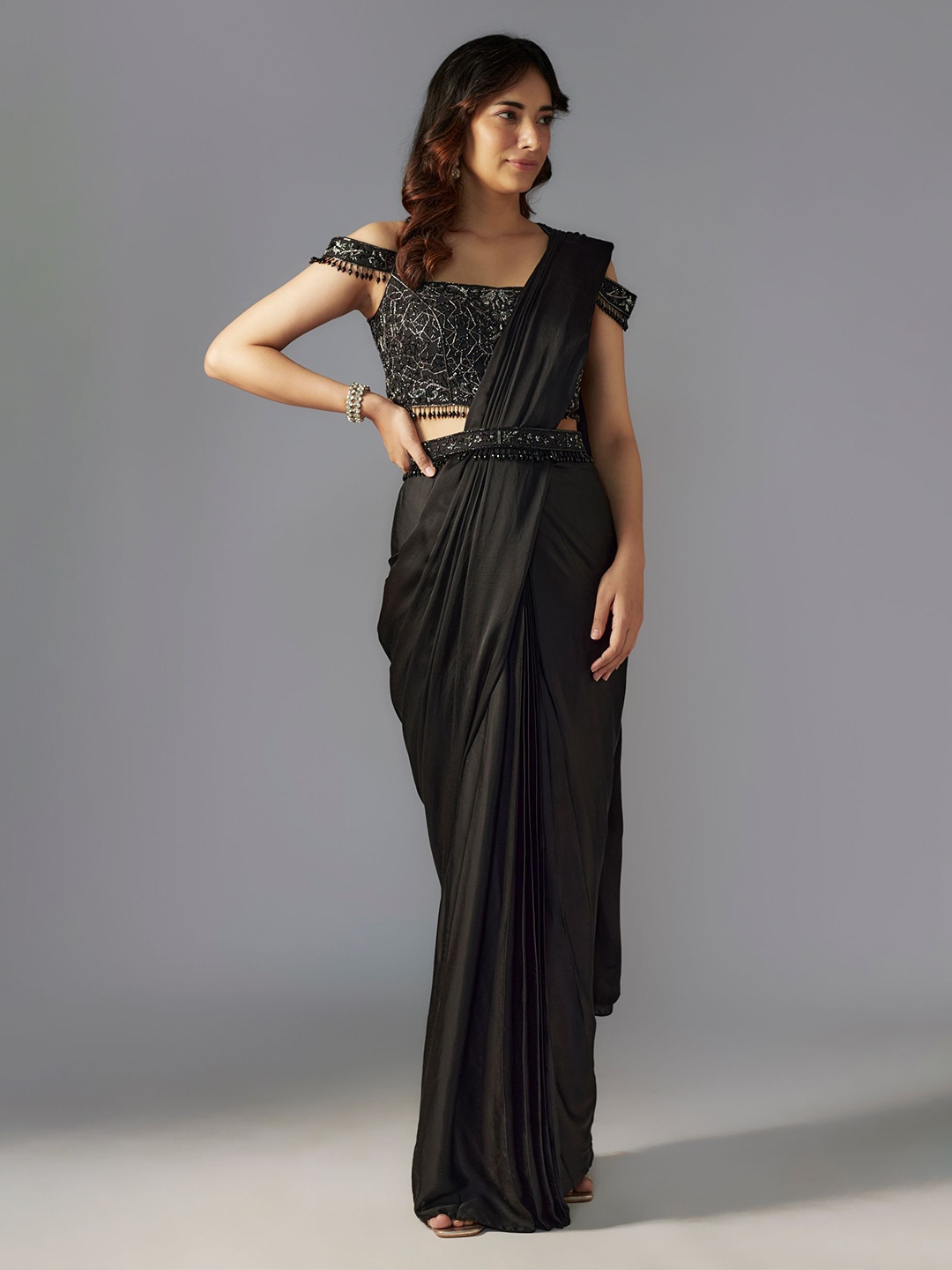 

Maisolos Solid Satin Belted Saree, Black