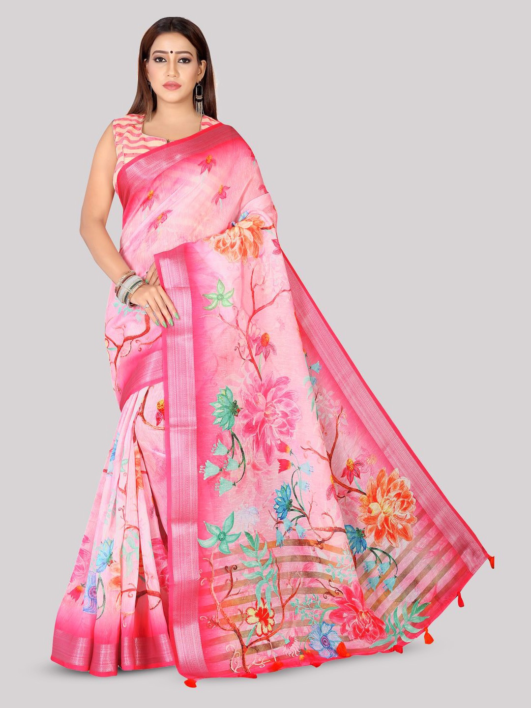 

Kaizen TEXO FAB Floral Printed Zari Khadi Saree, Pink