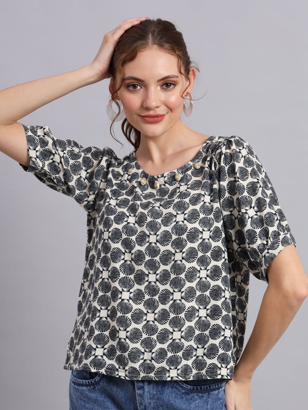 

KALINI Print Cold-Shoulder Net Top, Cream