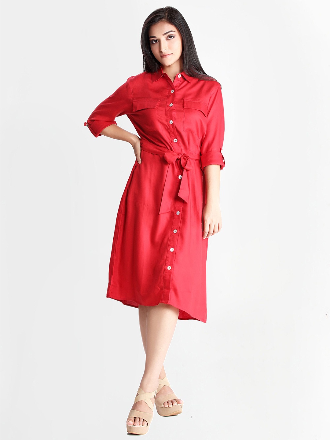 

Dream of Glory Inc Women Solid Satin Shirt Dress, Red