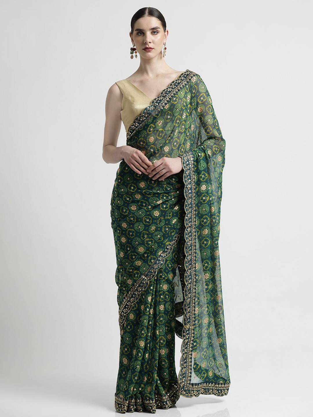 

Jaipur Kurti Floral Embroidered Pure Georgette Saree, Teal