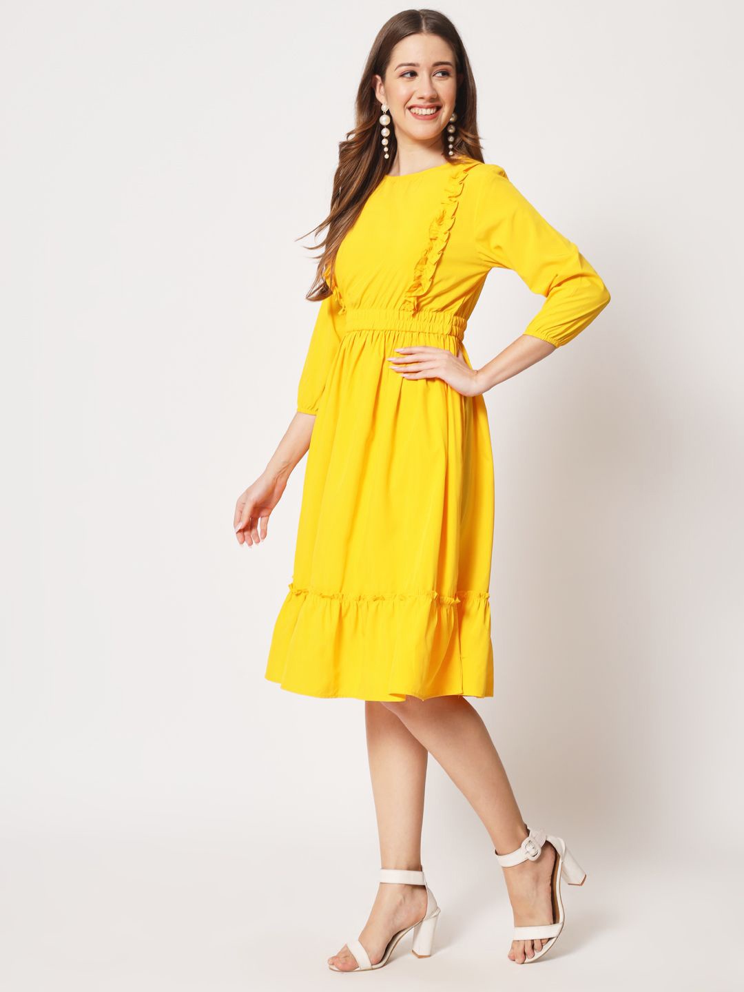 

Kannan Round Neck Frilled Fit & Flare Dress, Yellow