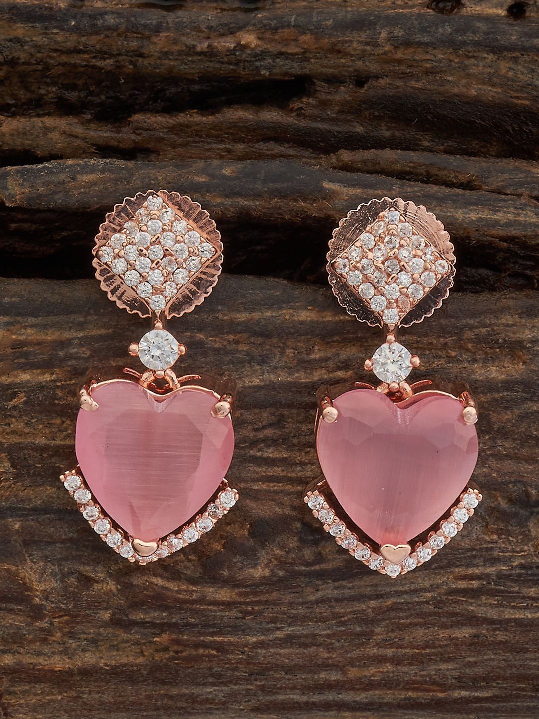 

Kushal's Fashion Jewellery Rose Gold-Plated Cubic Zirconia Heart Shaped Drop Earrings, Pink