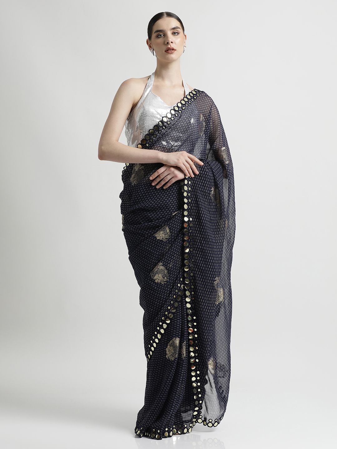 

Jaipur Kurti Mirror Work Embellished Saree, Blue