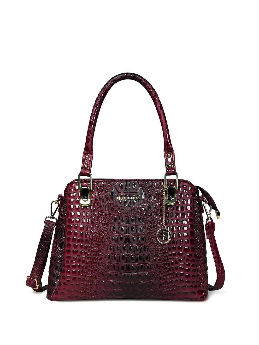 

PELLE LUXUR Textured PU Structured Shoulder Bag with Applique, Burgundy