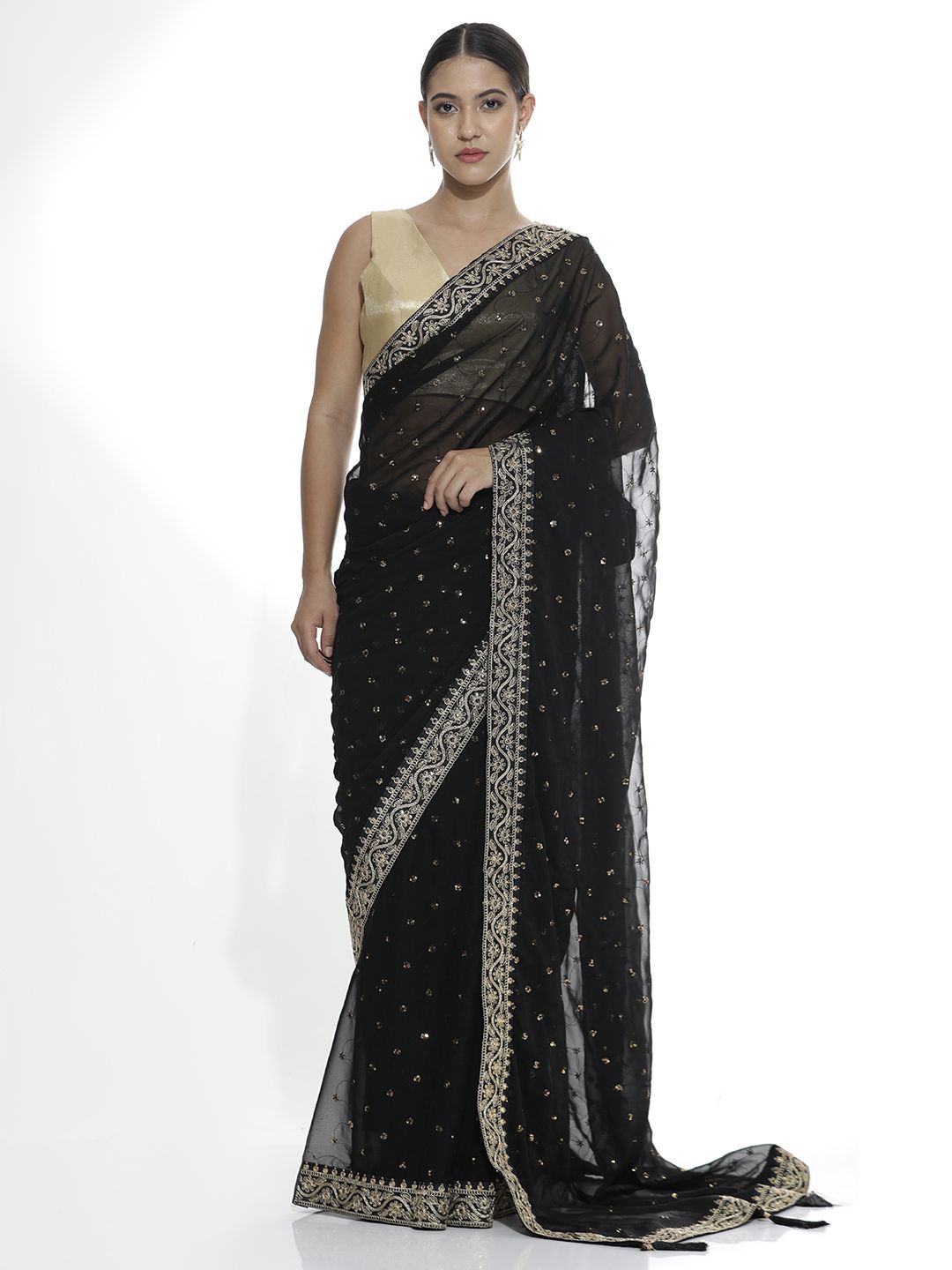 

Jaipur Kurti Embellished Embroidered Pure Georgette Saree, Black