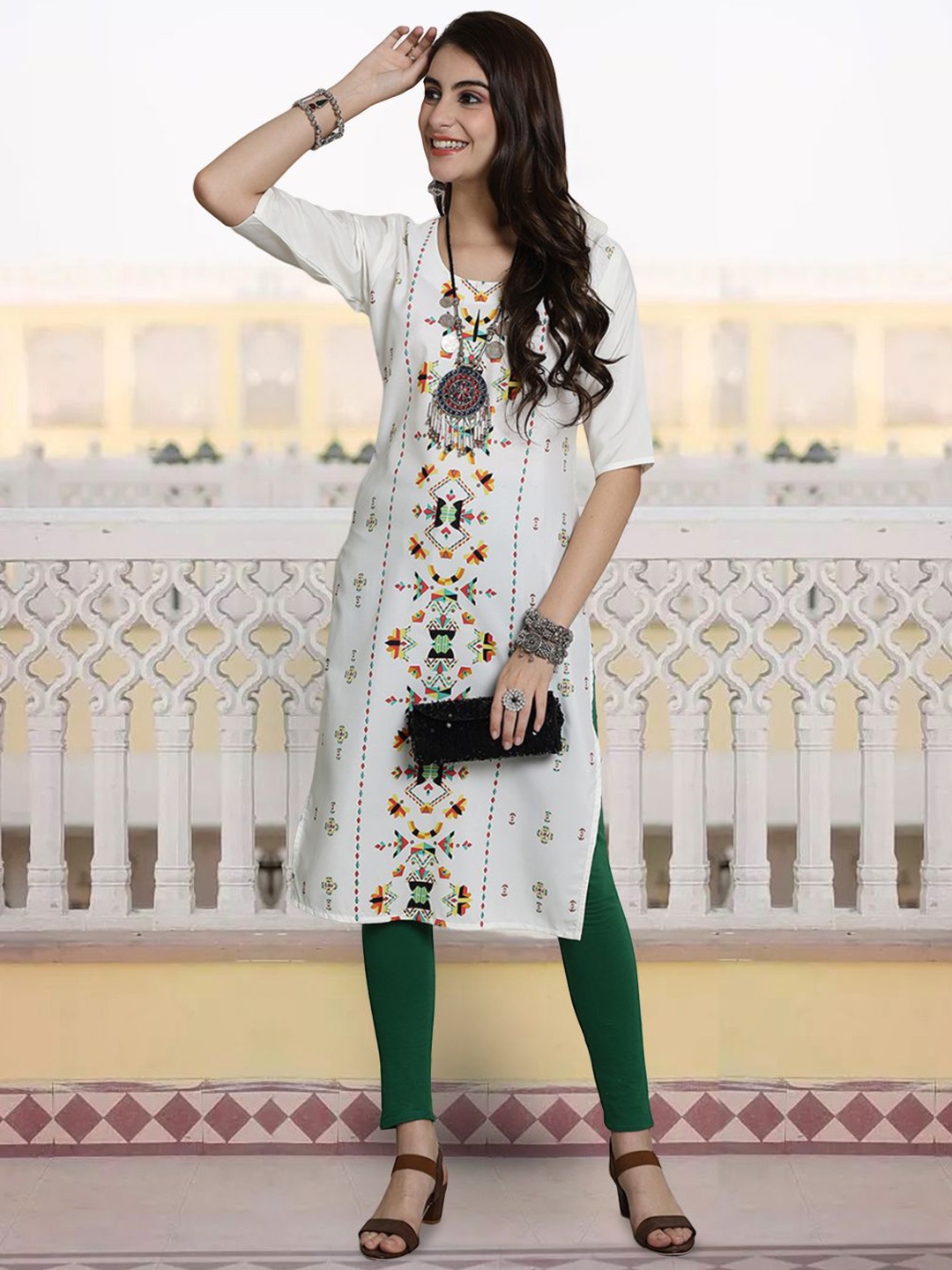 

7Threads Women Floral Printed Thread Work Floral Crepe Kurta, Multi